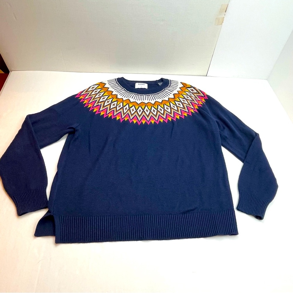 Old Navy Women Navy Blue Fair Isle‎ Long Sleeves Knit Pullover Sweater XL Tall
